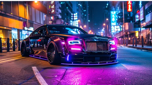 Neon Lights Reflect on Sleek Black Car