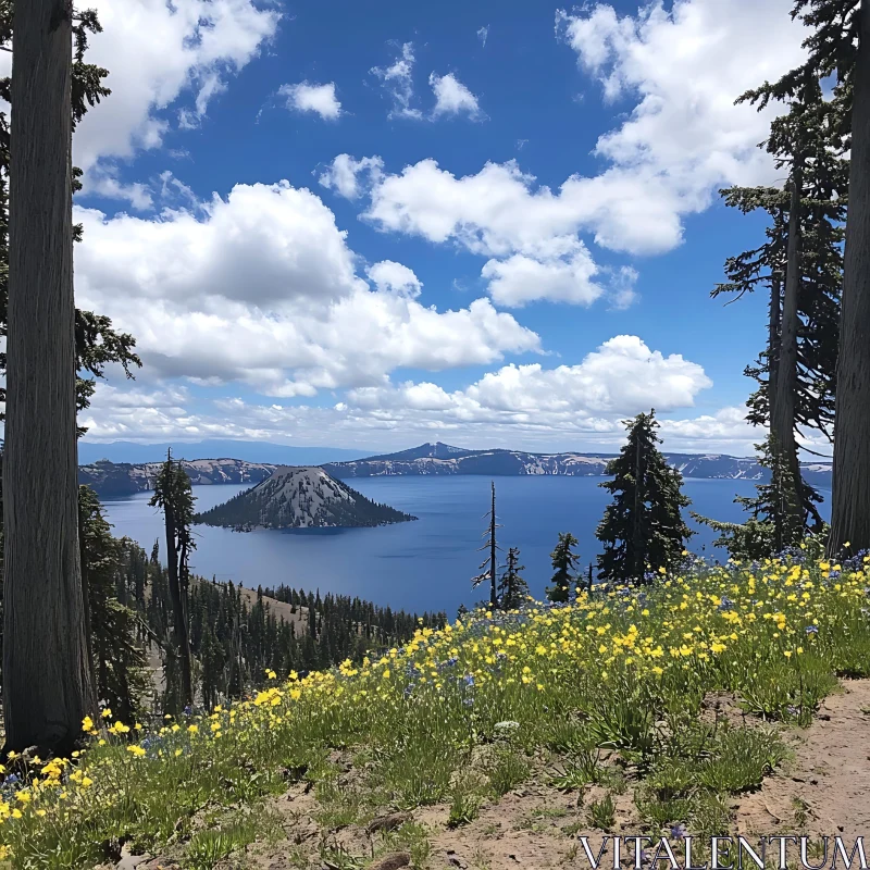 Serene Lake with Blossoming Wildflowers and Mountain Backdrop AI Image