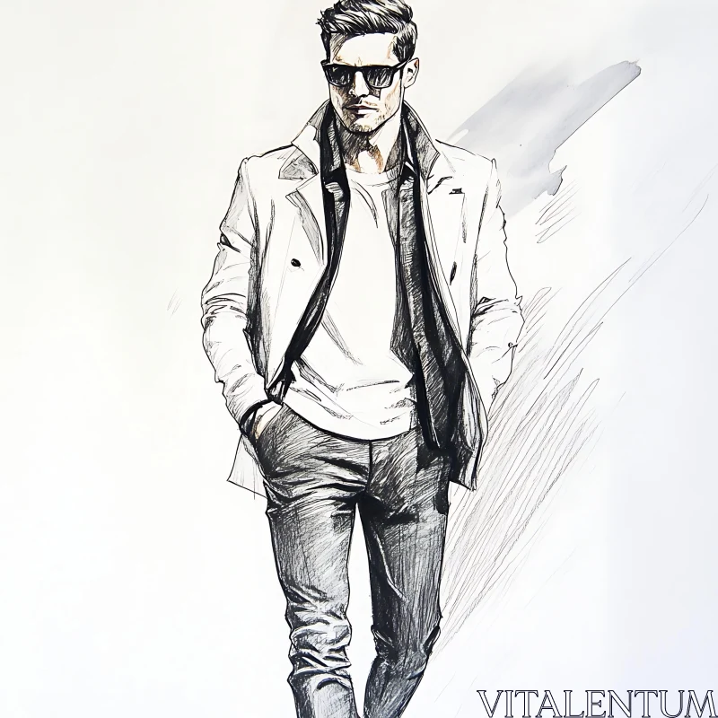 Chic Male Fashion Sketch in Trench Coat and Sunglasses AI Image