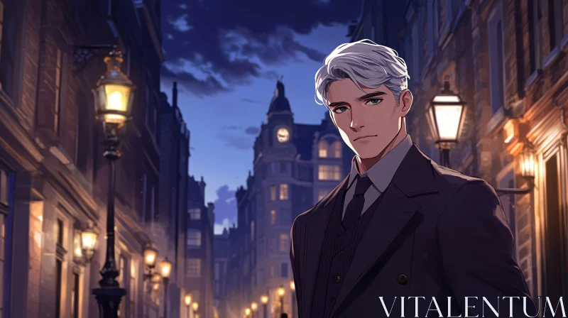 Elegant Anime Character on Evening City Street AI Image