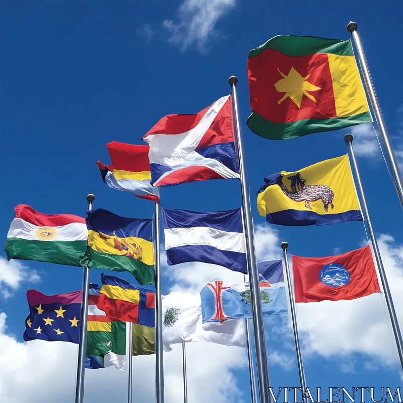 Diverse Flags Waving Under Sunny Sky AI Image