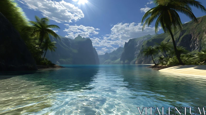 Tropical Paradise with Sandy Shores and Lush Greenery AI Image