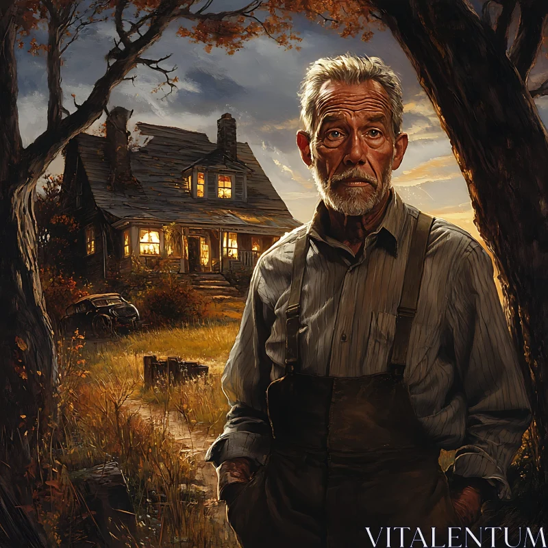 Pensive Senior in Autumnal Rural Setting AI Image