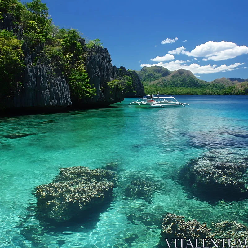 Peaceful Island Scene with Boat and Clear Waters AI Image