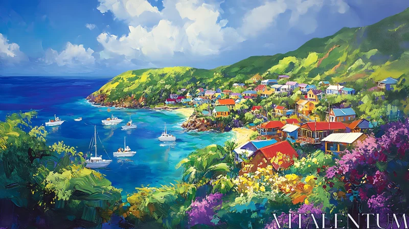 AI ART Colorful Seaside Community Amidst Lush Green Hills