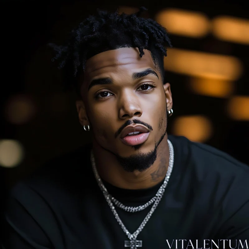 Portrait of a Man with Textured Hair and Jewelry AI Image