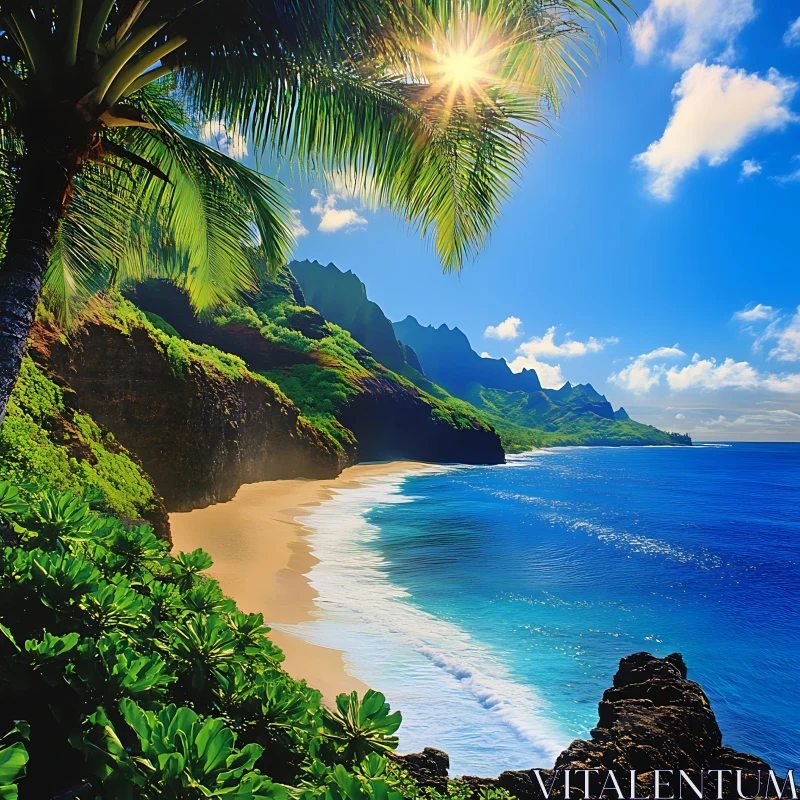 Scenic Tropical Beach Landscape with Palm Trees and Blue Ocean AI Image