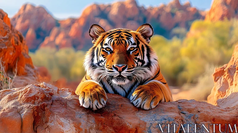 Majestic Tiger in Desert Rocky Setting AI Image