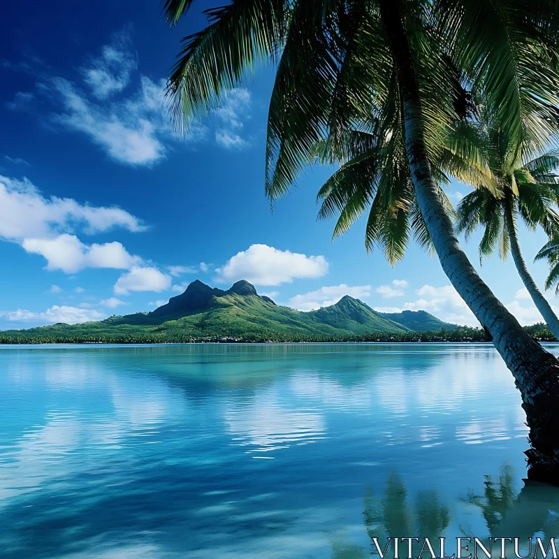 Serene Tropical Island with Palms and Reflected Mountains AI Image