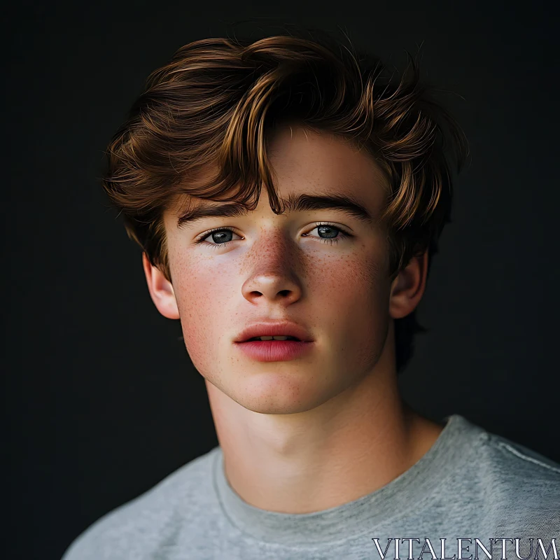 Contemplative Portrait of a Young Man with Brown Hair AI Image