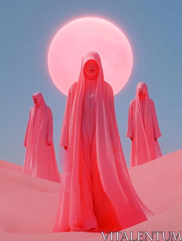 AI ART Mystical Pink Robed Figures in a Desert