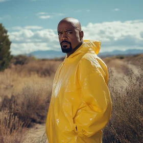 Portrait of a Man in Yellow Jacket Amidst Arid Desert