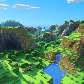 Stylized Blocky Landscape with Hills and Waterfall