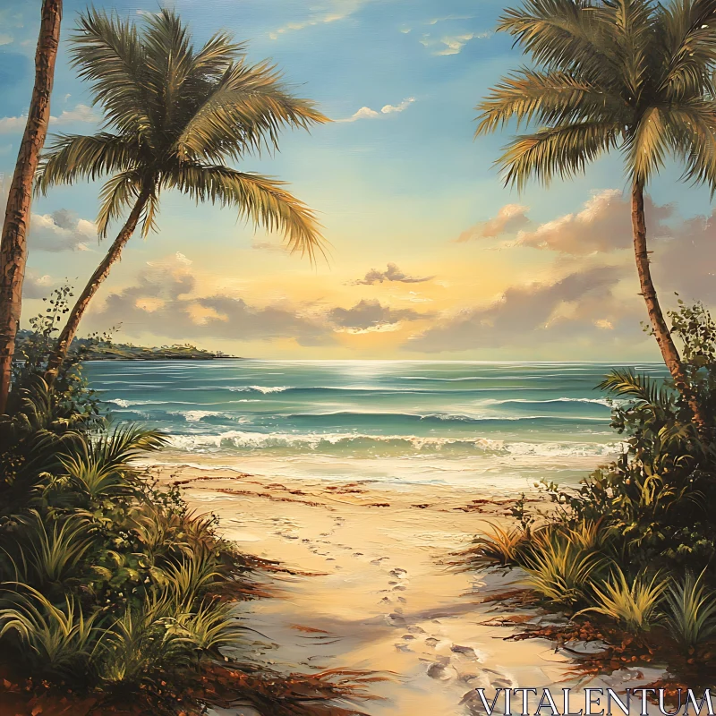 AI ART Golden Hour at the Beach with Palm Trees