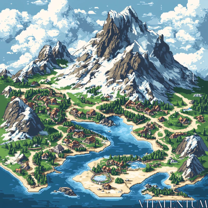 Scenic Pixel Art Mountainous Village Setting AI Image