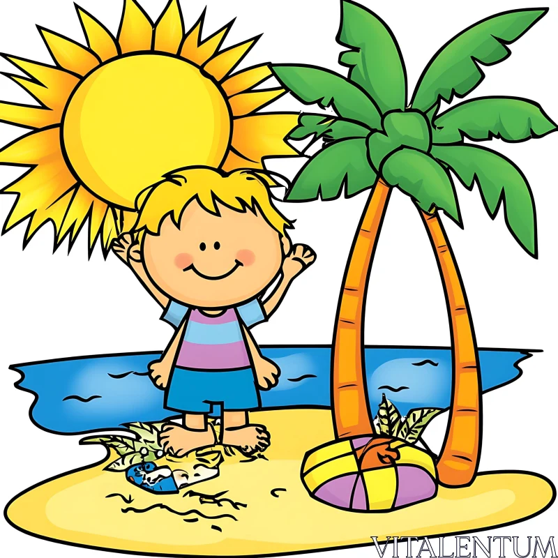 Happy Child on a Sandy Beach Cartoon AI Image