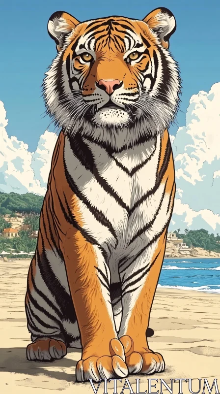 Tiger Relaxing on the Beach Art Image AI Image