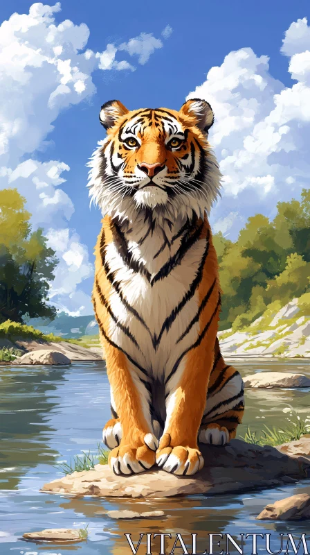 Tiger in Nature by the River AI Image