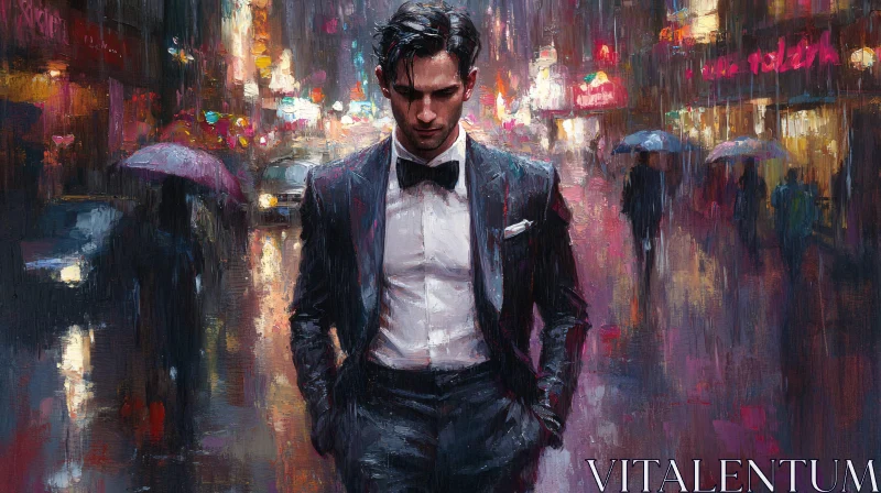 AI ART Moody Urban Rainy Night with a Man in Tuxedo