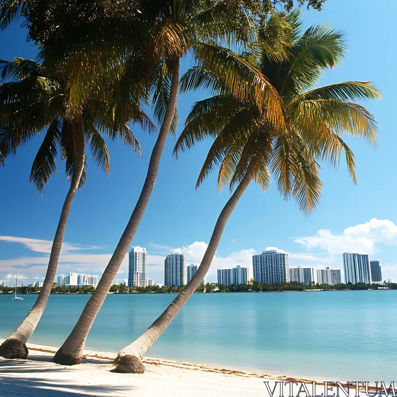 Tropical Beach with Urban Backdrop AI Image