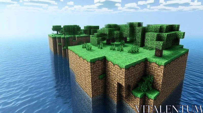 Floating Block Island Over Ocean with Trees AI Image