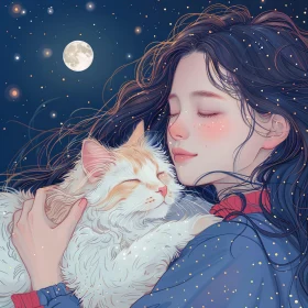 Serene Night with Girl and Cat