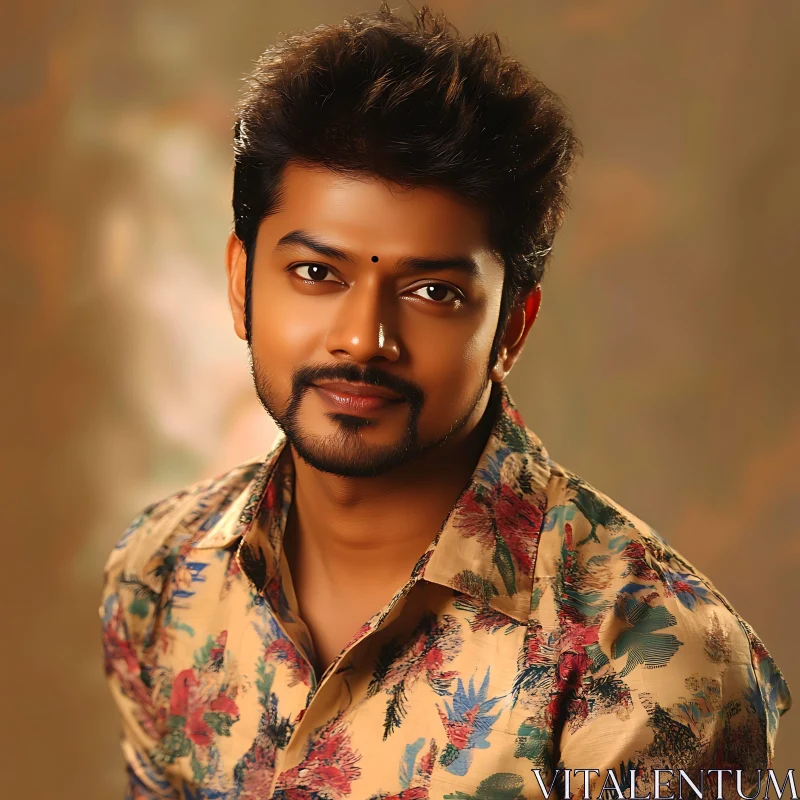 Young Man with a Beard in Floral Shirt Portrait AI Image