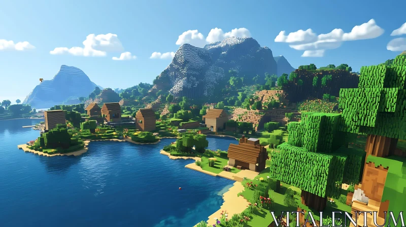 Pixelated Lake Village in Majestic Mountain Landscape AI Image