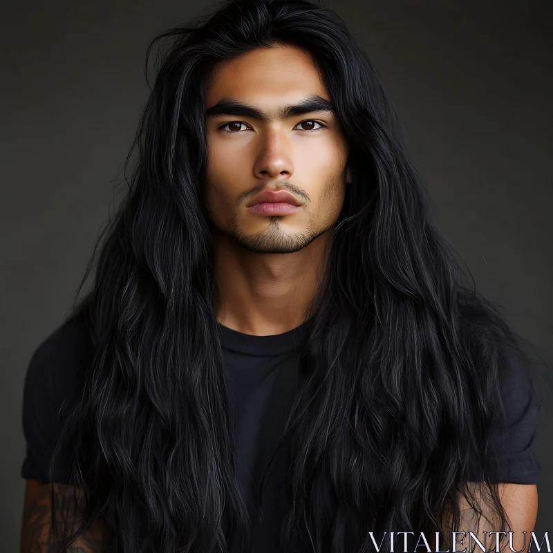 Man with Long Dark Hair and Deep Stare AI Image