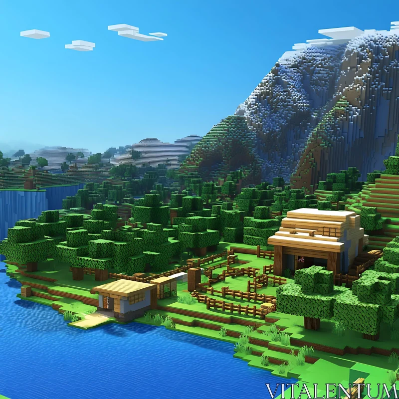 Blocky Landscape with Trees and Mountains AI Image