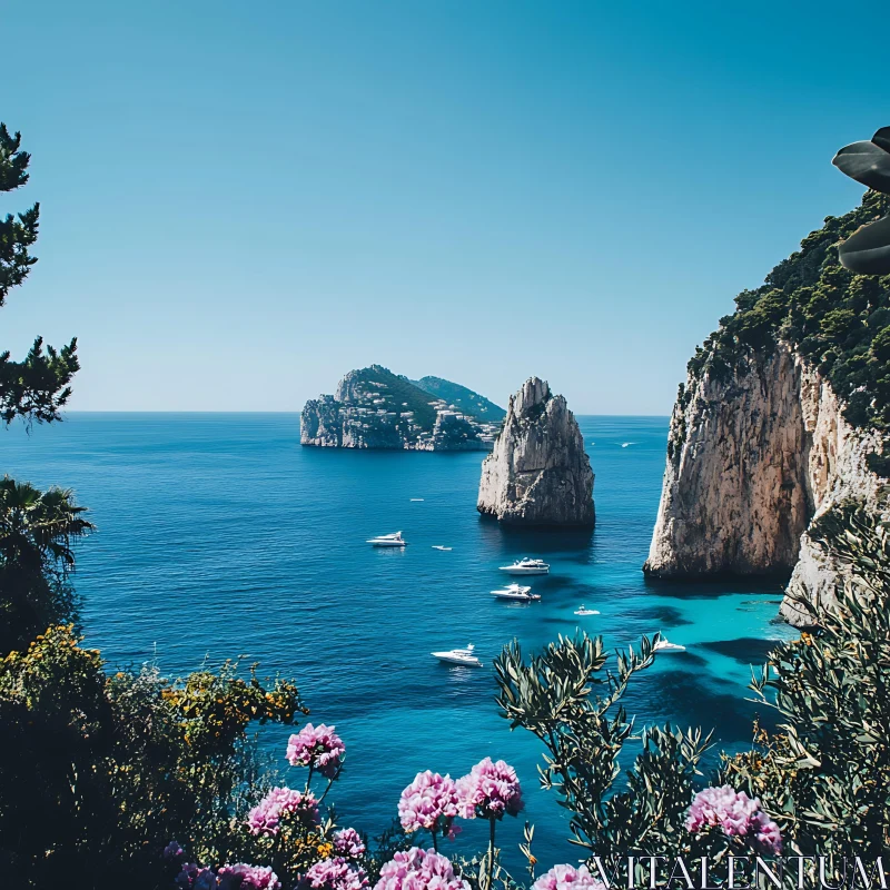 Beautiful Cliffs and Sea with Boats AI Image