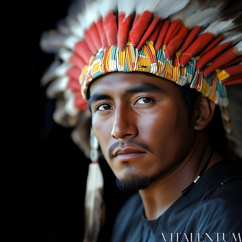 Man Wearing Colorful Traditional Feathered Headdress AI Image