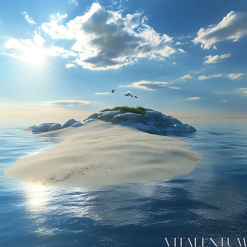 Tranquil Sunlit Island Amidst Blue Waters AI Image