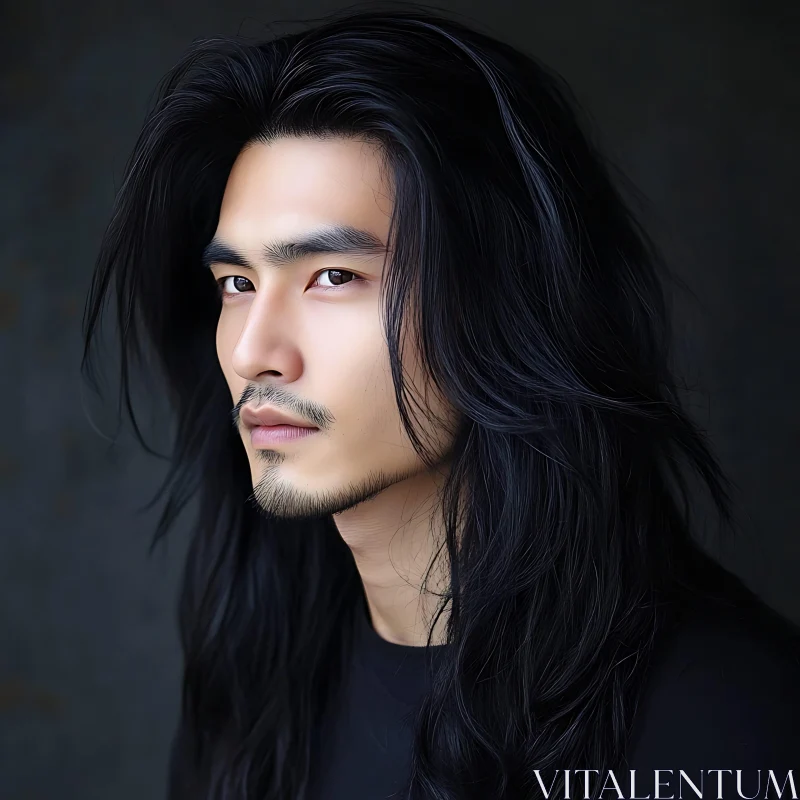 Man with Long Dark Hair in Profile Portrait AI Image