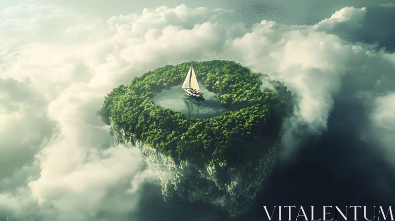 Ethereal Floating Island and Tranquil Sailboat AI Image