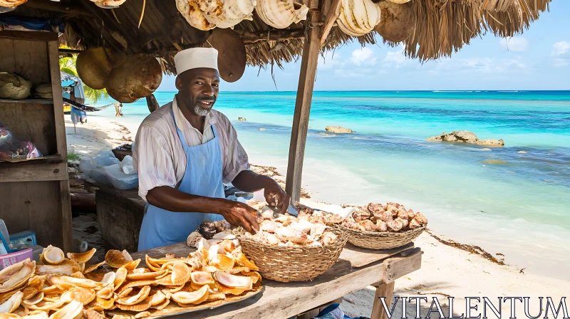 Seashell Vendor on Tropical Beach AI Image