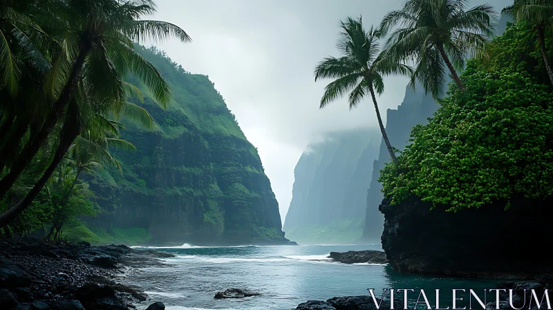 Misty Tropical Coastline with Lush Green Foliage AI Image