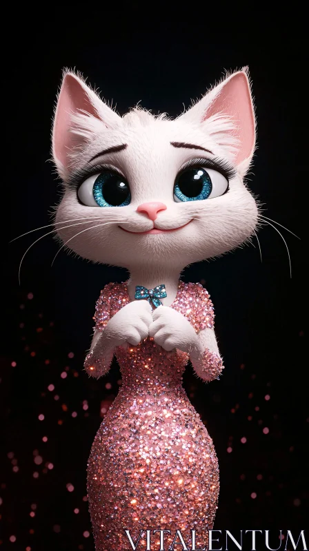 AI ART Glittering Cartoon Cat with Blue Eyes