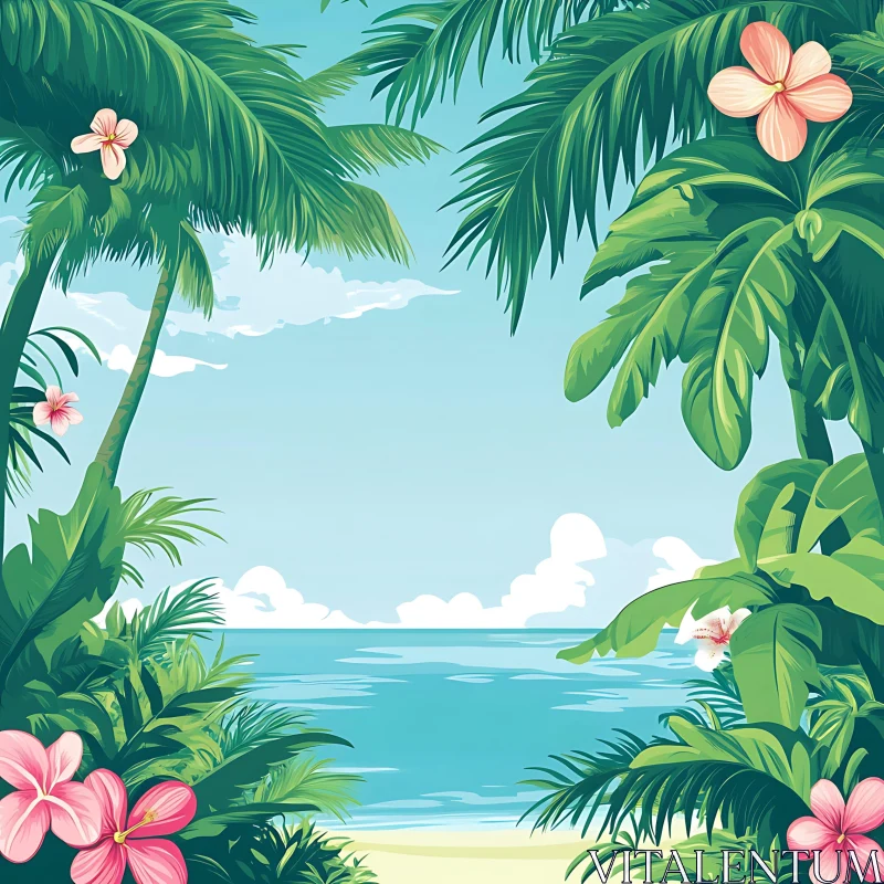 Tranquil Island Paradise with Lush Palms and Flowers AI Image