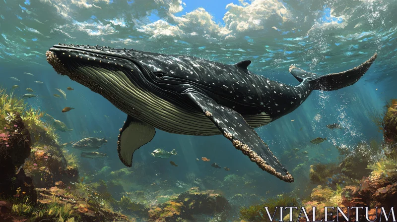 Whale Swimming in Sunlit Ocean AI Image