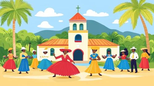 Traditional Dance Scene in Front of a Church