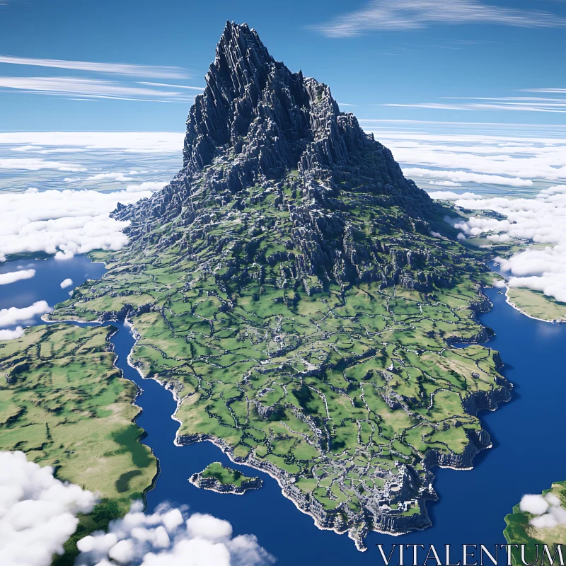 Imposing Mountain Peak Amid Verdant Terrain and Serene Waters AI Image