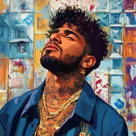 Colorful Portrait of a Man with Tattoos and Gold Chains