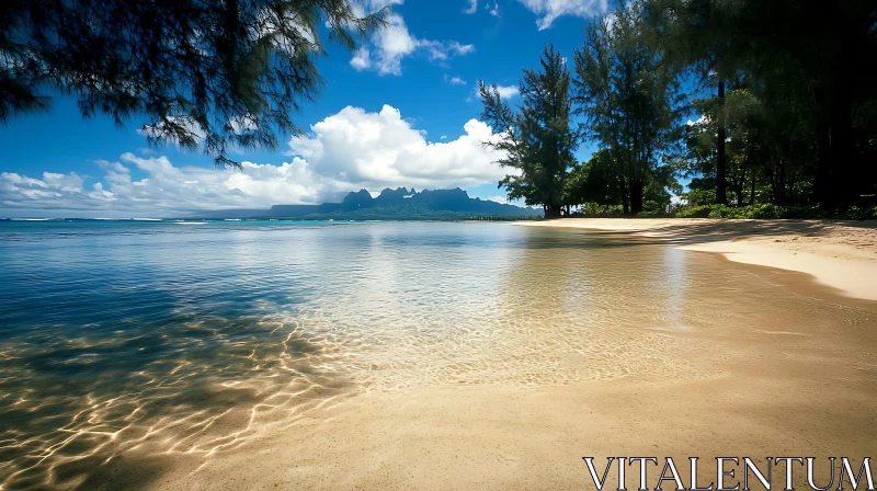 Serene Island Beach with Mountain Views AI Image