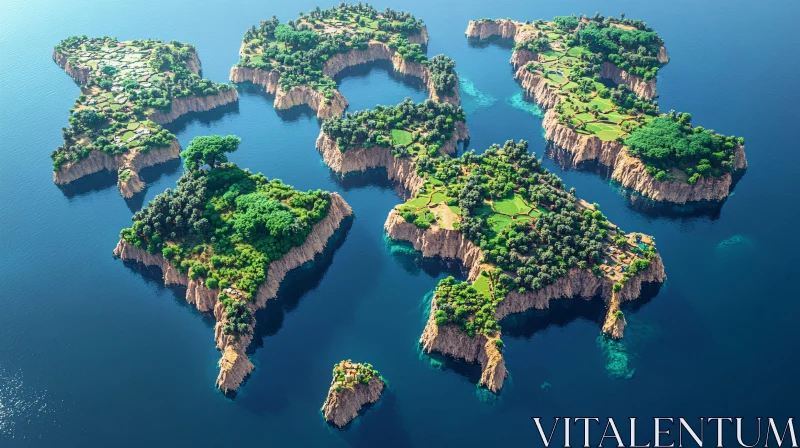 Cluster of Green Islands Surrounded by Ocean AI Image