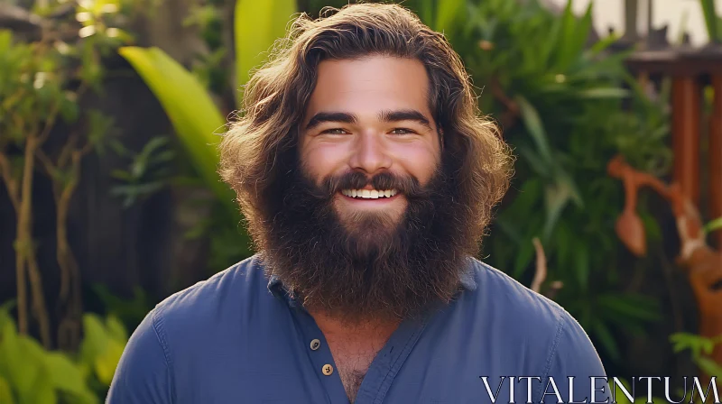 Happy Man with Beard and Wavy Hair Outside AI Image