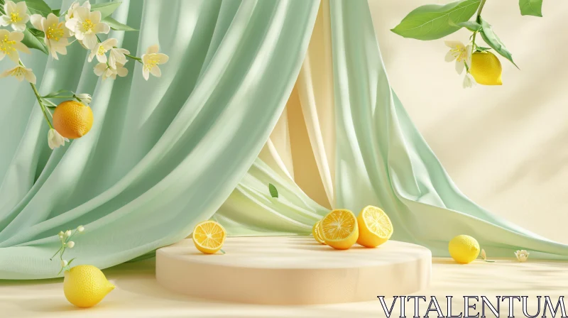 Lemons and Blossoms in Pastel Fabric Setting AI Image