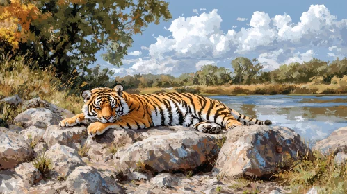 Tiger Resting on Rocks near Riverbank