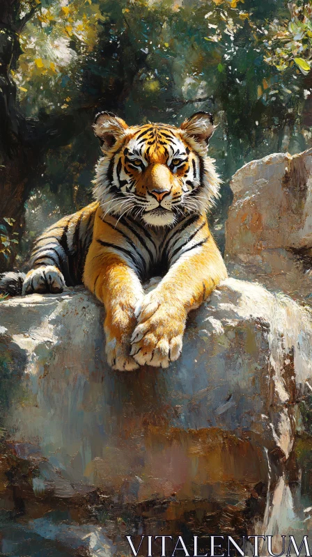 Tiger on Rock in Sunlit Forest AI Image