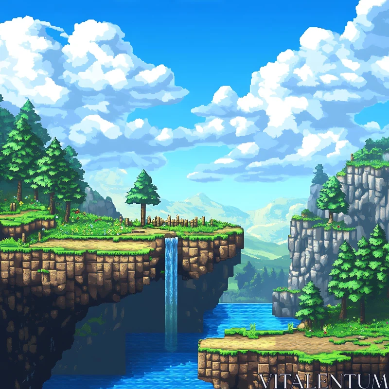 Pixel Art Nature Scene with Waterfall and Floating Island AI Image